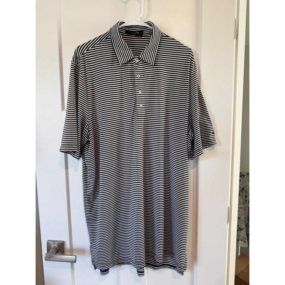 RLX Ralph Lauren Mens XL Striped Performance Golf Polo Navy Blue Naples Beach